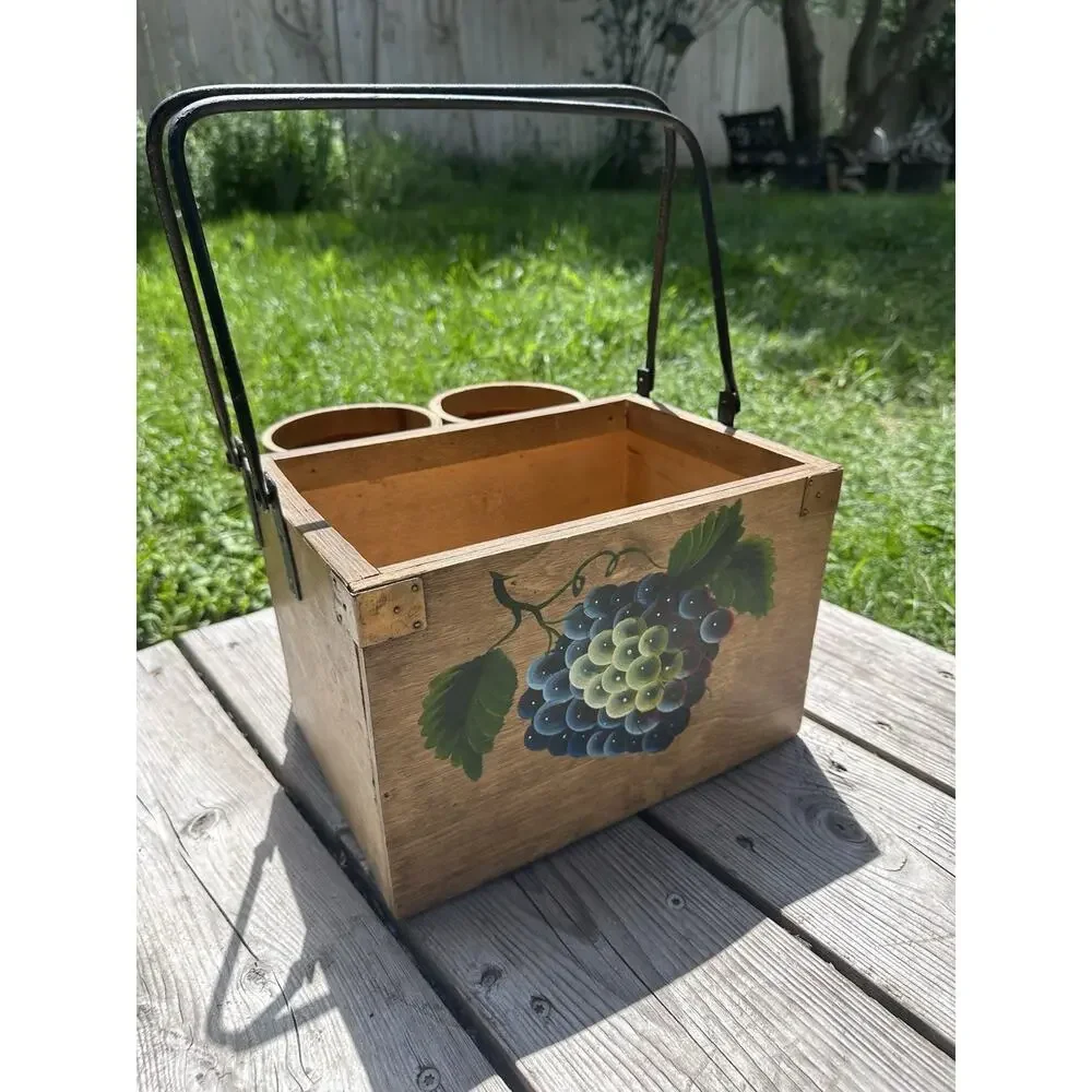 Vintage Wooden Picnic Basket With Cupholders Hand Painted Grapes Metal Handle